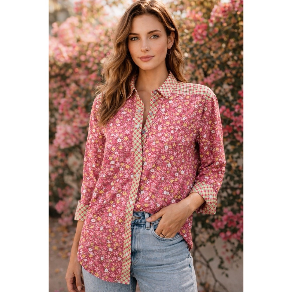 Lilly Pulitzer Shirt Womens Sz S Floral AKA Casual Cottagecore Gingham Check Vtg